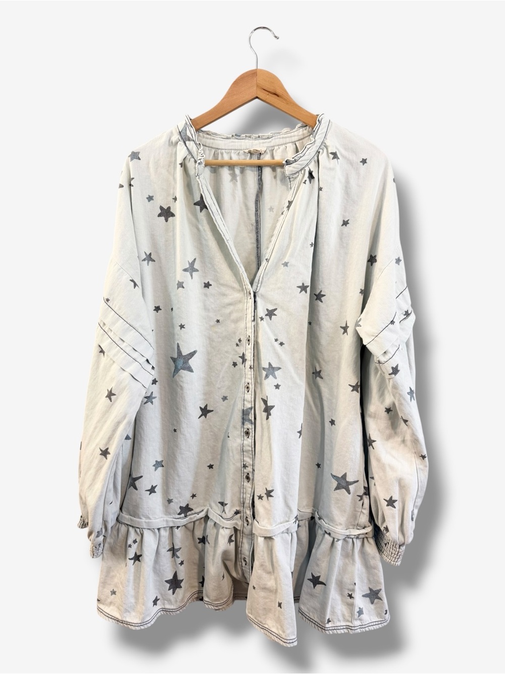 Pilcro Long Sleeve Mini Shirt Dress XL V-Neck Button Front Blue Star Print